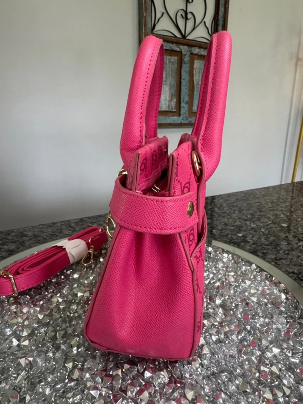 bebe Hot Pink Logo small Satchel with Gold-Tone Hardware and crossbody strap - Picture 5 of 16